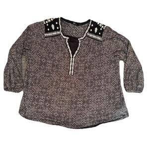 Lucky Brand Women’s Size 2X Black/white Geom Print Embellished Top Modal Cotton